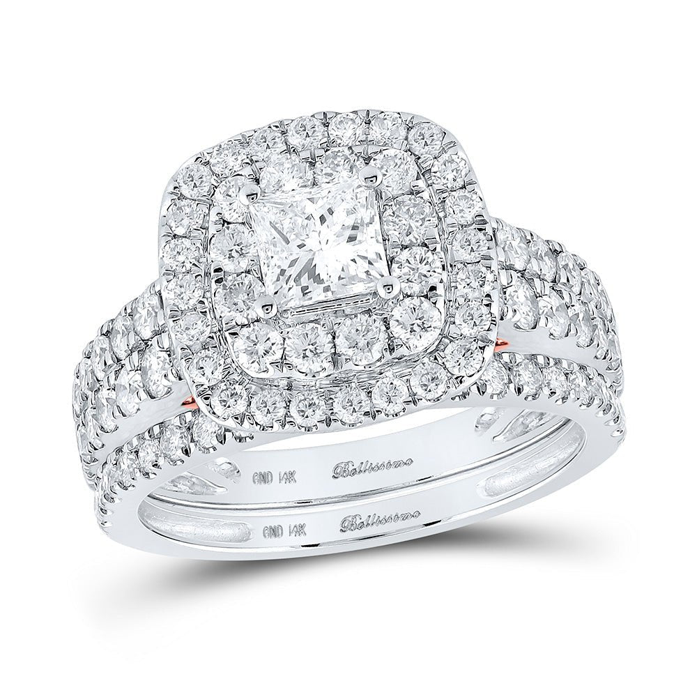 Enchanting Two - Tone Gold Princess Diamond Halo Bridal Wedding Ring Set with Sapphire Accent - Splendid Jewellery