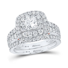 Enchanting Two - Tone Gold Princess Diamond Halo Bridal Wedding Ring Set with Sapphire Accent - Splendid Jewellery