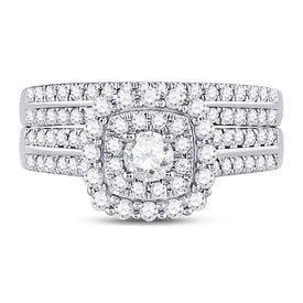 Eternal Brilliance 1 Carat Diamond Halo Bridal Wedding Ring Band Set - Front View