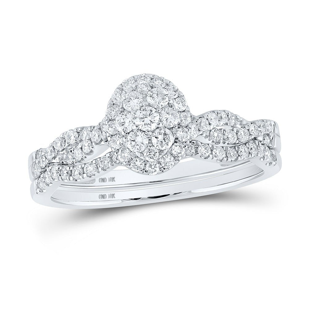 Eternal Brilliance 10kt White Gold Round Diamond Cluster Bridal Wedding Ring Band Set - Splendid Jewellery