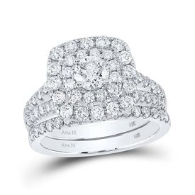 Eternal Brilliance: 14kt White Gold Diamond Square Halo Bridal Wedding Ring Band Set - Splendid Jewellery