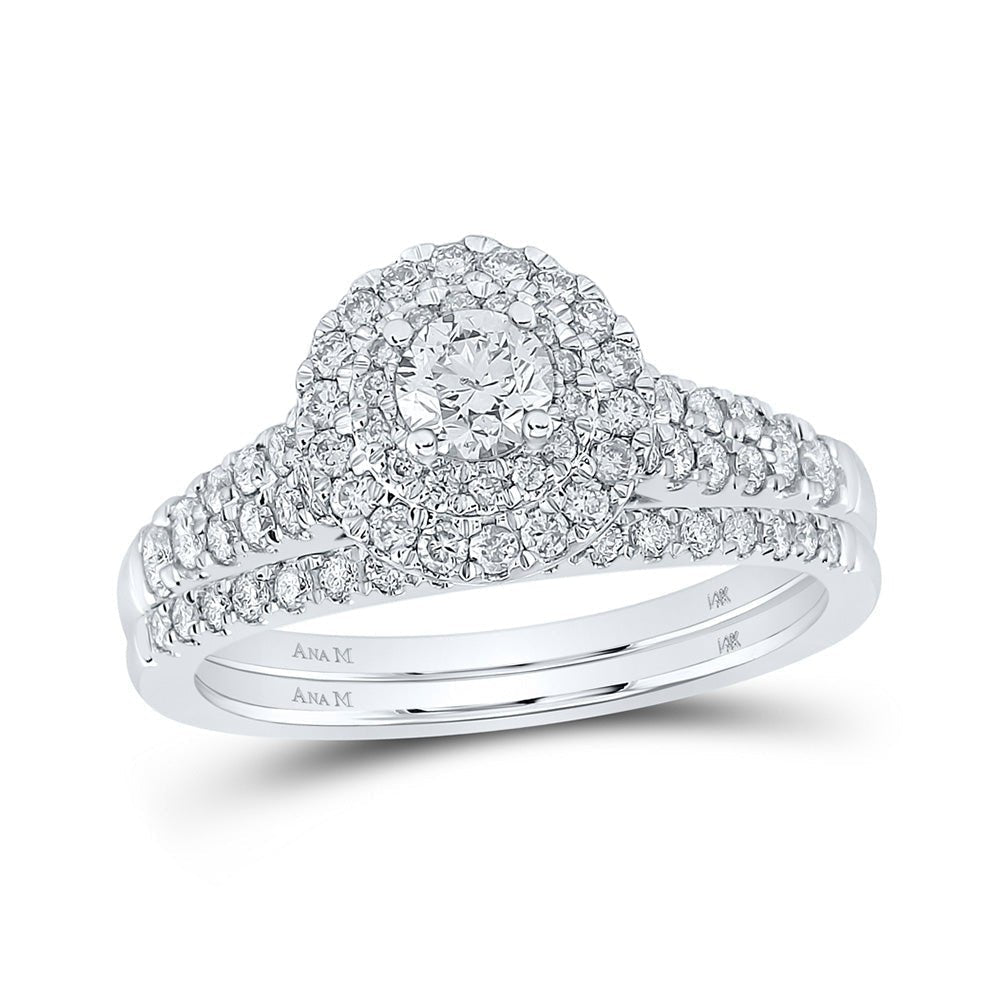 Eternal Brilliance: 14kt White Gold Round Diamond Halo Bridal Wedding Ring Band Set - Splendid Jewellery