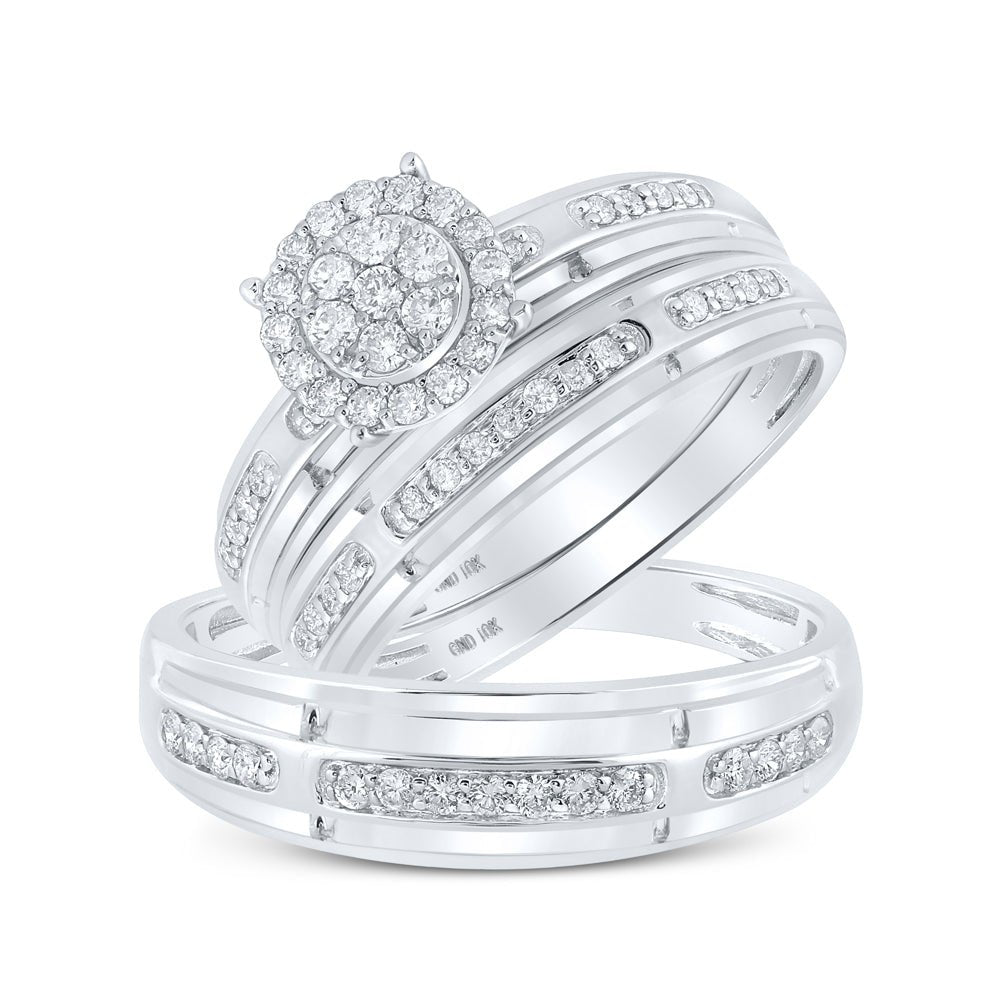 Eternal Love: 10kt White Gold His Hers Round Diamond Cluster Wedding Set - Splendid Jewellery