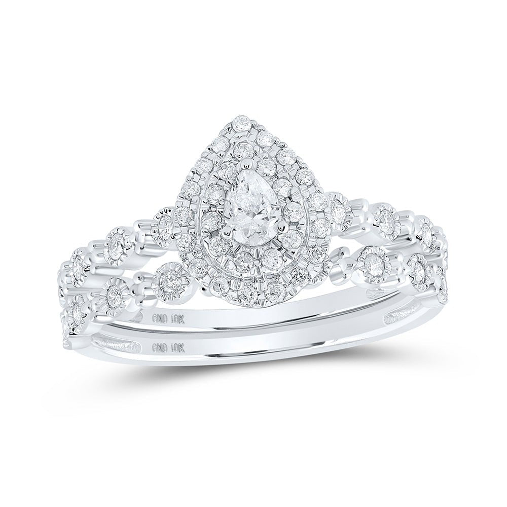 Eternal Love 10kt White Gold Pear Diamond Halo Bridal Wedding Ring Band Set - Splendid Jewellery