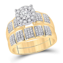 Load image into Gallery viewer, Eternal Love 10kt Yellow Gold His Hers Diamond Halo Wedding Set Front view from the 10Kt Yellow Gold His Hers Round Diamond Halo Matching Wedding Set 7 8 Cttwpin284437 collection by Splendid Jewellery