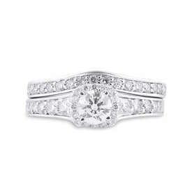 Eternal Love 14kt White Gold Diamond Halo Bridal Wedding Ring Band Set - Front View