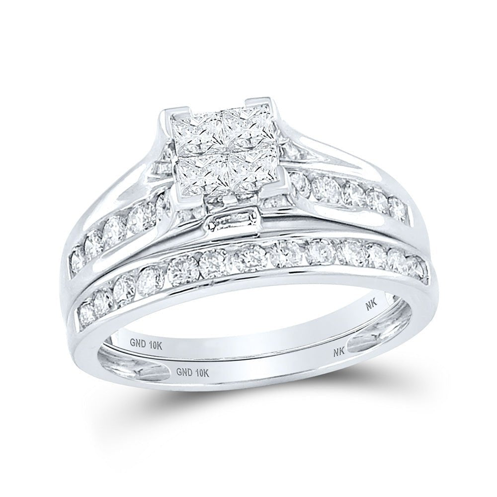 Eternal Sparkle: 10kt White Gold Princess Diamond Bridal Wedding Ring Band Set 1 Cttw - Splendid Jewellery