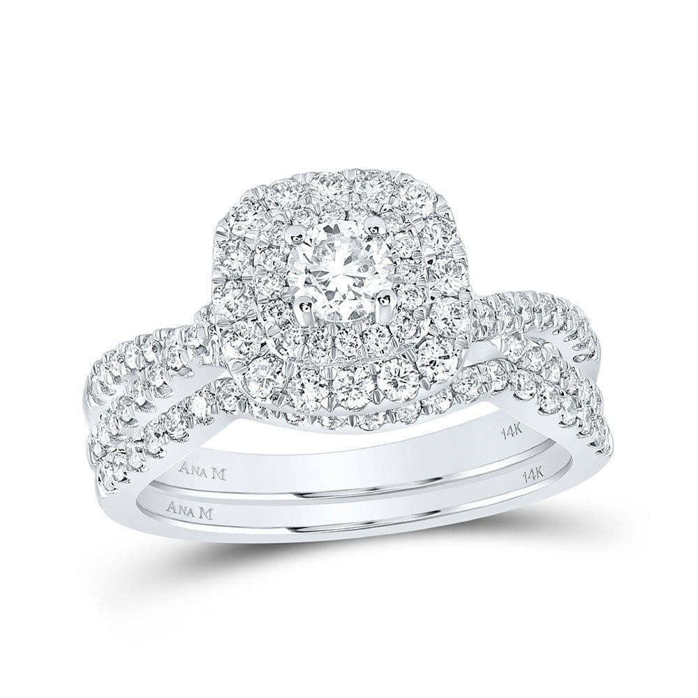 Ethereal Elegance: 14kt White Gold Diamond and Blue Sapphire Halo Bridal Wedding Ring Band Set 1 Cttw - Splendid Jewellery