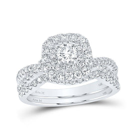 Ethereal Elegance: 14kt White Gold Diamond and Blue Sapphire Halo Bridal Wedding Ring Band Set 1 Cttw - Splendid Jewellery