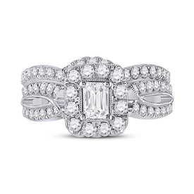 Ethereal Elegance: 14kt White Gold Emerald Diamond Bridal Wedding Ring Band Set - Front View