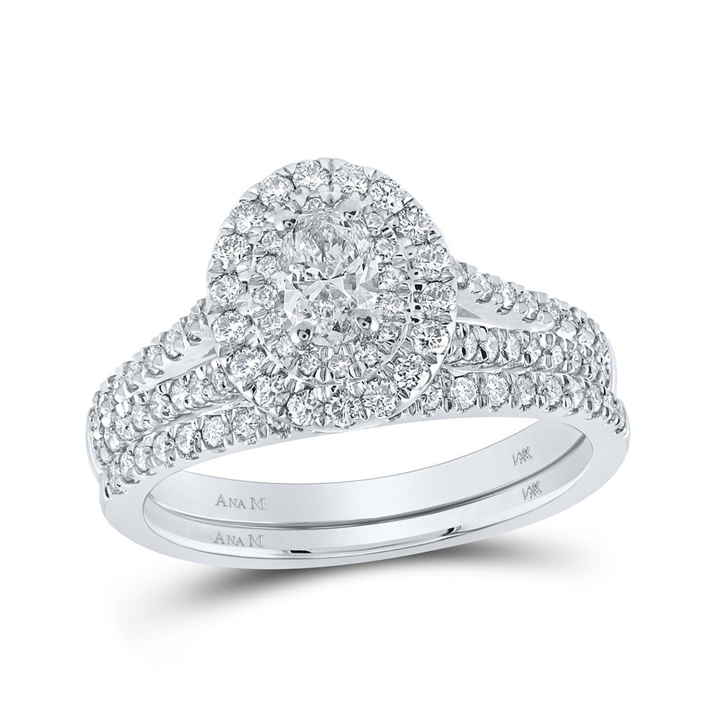 Ethereal Elegance: 14kt White Gold Oval Diamond Halo Bridal Wedding Ring Band Set 1 Cttw - Splendid Jewellery