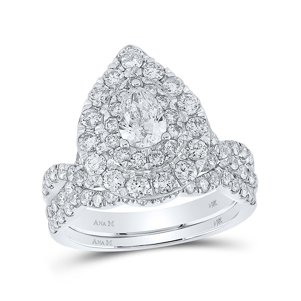 Ethereal Elegance: 14kt White Gold Pear Diamond Halo Bridal Wedding Ring Band Set 2 Cttw - Splendid Jewellery