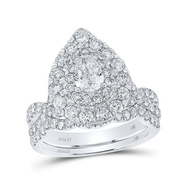 Ethereal Elegance: 14kt White Gold Pear Diamond Halo Bridal Wedding Ring Band Set 2 Cttw - Splendid Jewellery