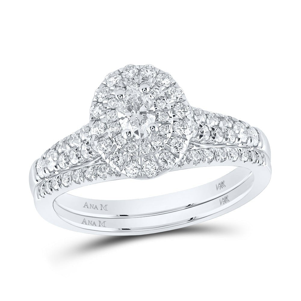 Ethereal Elegance: White Gold Oval Diamond Halo Bridal Wedding Ring Band Set - Splendid Jewellery