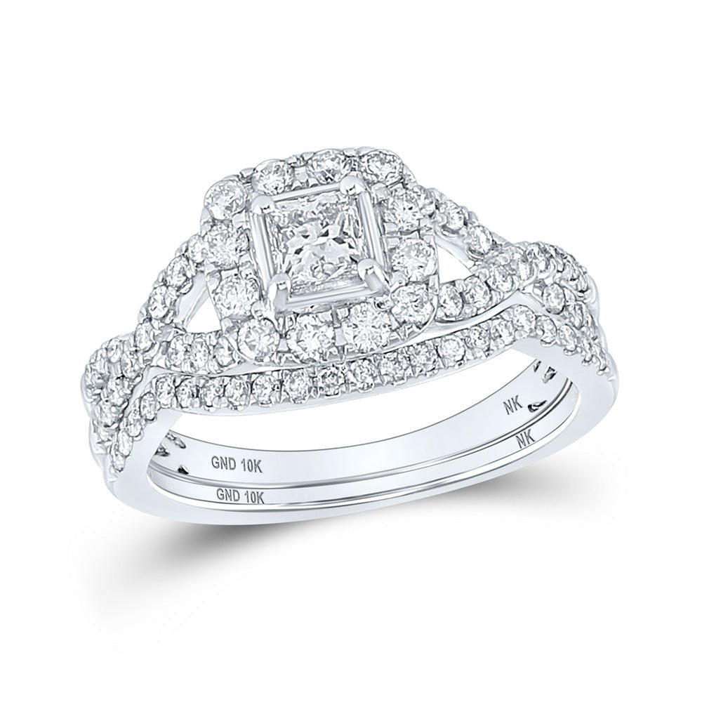 Ethereal Love | 10kt White Gold Princess Diamond Halo Bridal Wedding Ring Band Set 1 Cttw - Splendid Jewellery