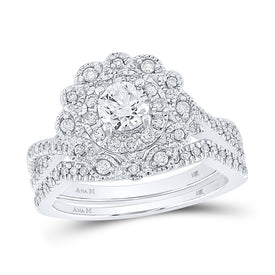 Ethereal Love: 14kt White Gold Round Diamond Halo Bridal Wedding Ring Band Set 1 Cttw - Top View