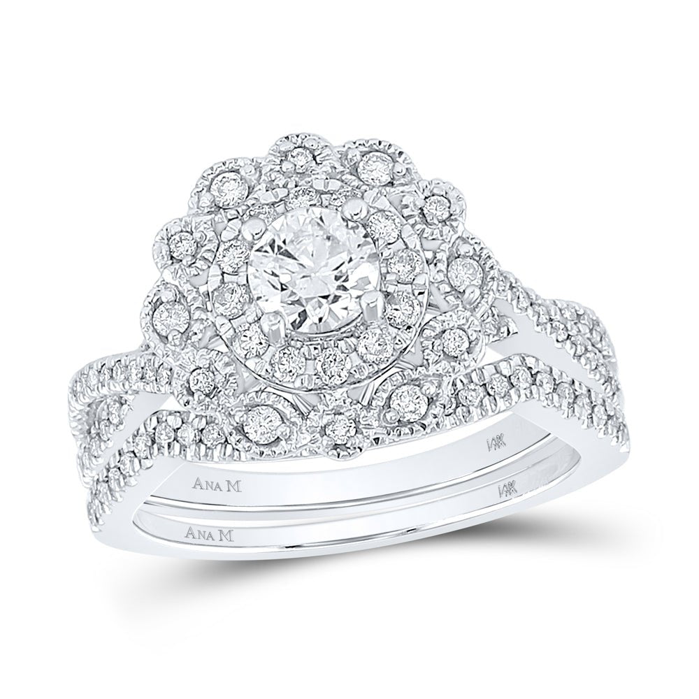 Ethereal Love: 14kt White Gold Round Diamond Halo Bridal Wedding Ring Band Set 1 Cttw - Splendid Jewellery