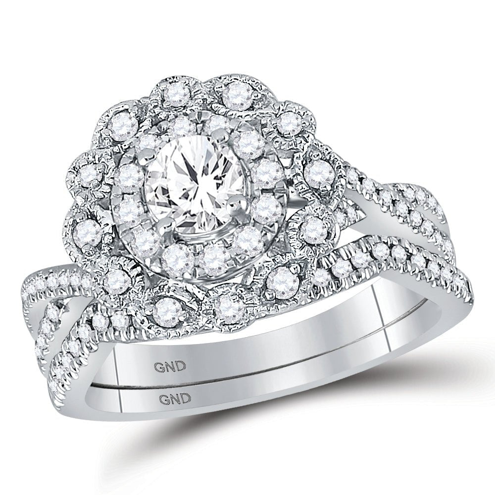 Ethereal Love: 14kt White Gold Round Diamond Halo Bridal Wedding Ring Band Set 1 Cttw - Splendid Jewellery