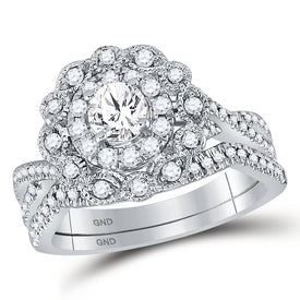 Ethereal Love: 14kt White Gold Round Diamond Halo Bridal Wedding Ring Band Set 1 Cttw - Splendid Jewellery