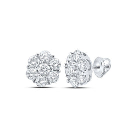 Exquisite 10kt White Gold Men's Round Diamond Flower Cluster Earrings - 7/8 Cttw - Splendid Jewellery
