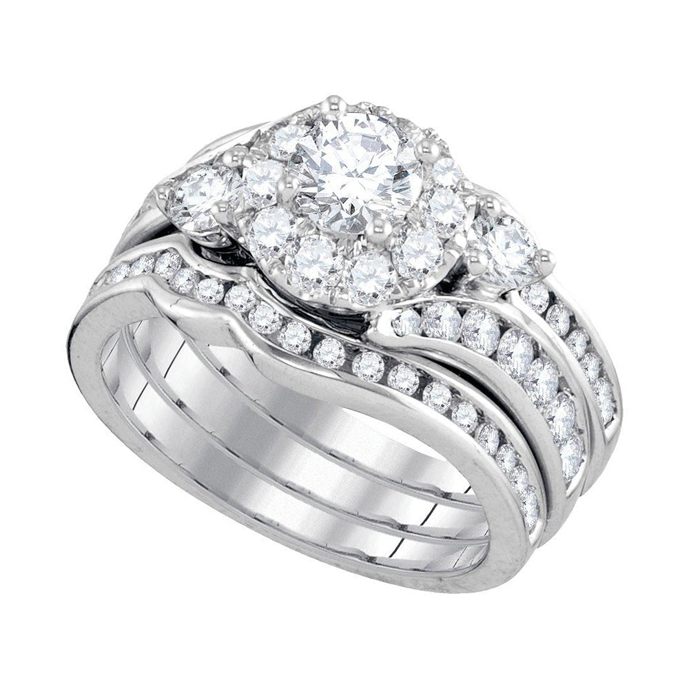 Exquisite Brilliance: 14kt White Gold Round Diamond 3 - Piece Bridal Wedding Ring Band Set - Splendid Jewellery