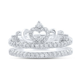 Exquisite Brilliance: 14kt White Gold Womens Round Diamond Crown Wrap Enhancer Wedding Band 1/2 Cttw - Front View