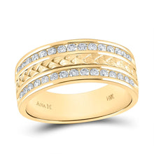 Load image into Gallery viewer, Exquisite Brilliance: 14kt Yellow Gold Mens Diamond Wedding Braid Inlay Band Ring - Top View