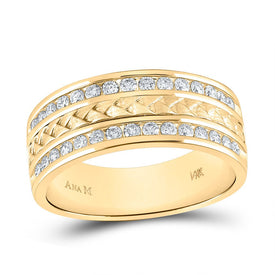 Exquisite Brilliance: 14kt Yellow Gold Mens Diamond Wedding Braid Inlay Band Ring - Top View