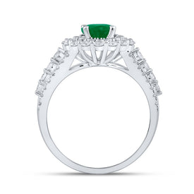 Exquisite Emerald Brilliance: 14kt White Gold Womens Oval Emerald Solitaire Diamond Fashion Ring - Top View