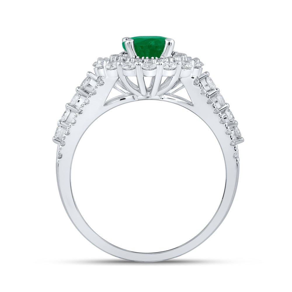 Exquisite Emerald Brilliance: 14kt White Gold Womens Oval Emerald Solitaire Diamond Fashion Ring - Splendid Jewellery