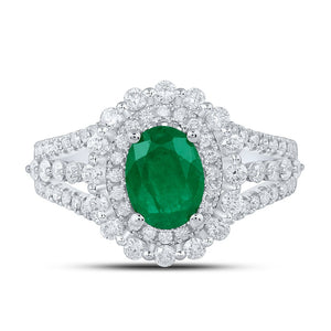 Exquisite Emerald Brilliance: 14kt White Gold Womens Oval Emerald Solitaire Diamond Fashion Ring - Splendid Jewellery