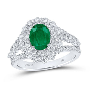 Exquisite Emerald Brilliance: 14kt White Gold Womens Oval Emerald Solitaire Diamond Fashion Ring - Splendid Jewellery