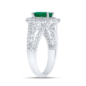 Exquisite Emerald Brilliance: 14kt White Gold Womens Oval Emerald Solitaire Diamond Fashion Ring - Splendid Jewellery