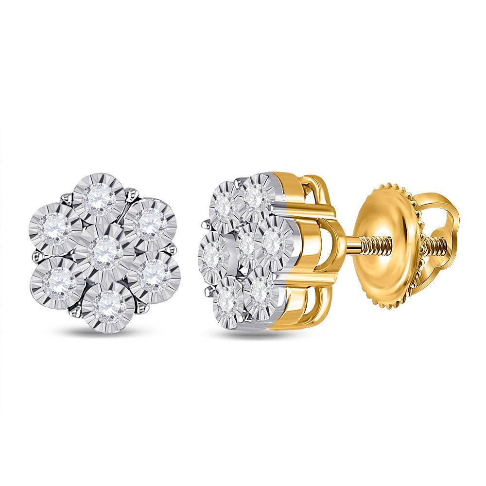 Floral Brilliance: 10kt Yellow Gold Womens Round Diamond Flower Cluster Earrings 1/4 Cttw - Splendid Jewellery