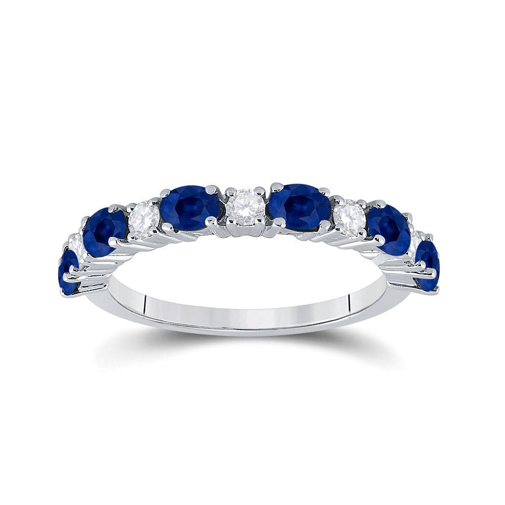 Gemstone Band | 10kt White Gold Womens Oval Blue Sapphire Diamond Alternating Band Ring 1-1/2 Cttw | Splendid Jewellery GND
