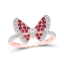 Load image into Gallery viewer, Rose Gold Butterfly Brilliance Ring | Exquisite Ruby and Diamond Gemstone Delight Top view from the 10Kt Rose Gold Womens Round Ruby Diamond Butterfly Ring 5 8 Cttwpin219508 collection by Splendid Jewellery