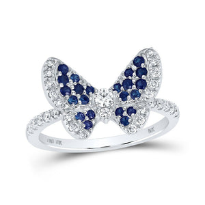 Gemstone Butterfly Ring | 10kt White Gold Womens Round Blue Sapphire Diamond Butterfly Ring 5/8 Cttw | Splendid Jewellery GND