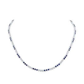 14kt White Gold Blue Sapphire Diamond Tennis Necklace - A Mesmerizing Symphony of Elegance - Top View