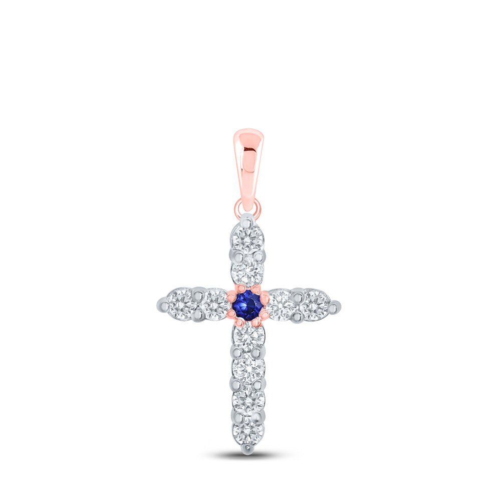 Gemstone Cross Pendant | 10kt Rose Gold Womens Round Blue Sapphire Diamond Cross Pendant 1/2 Cttw | Splendid Jewellery GND