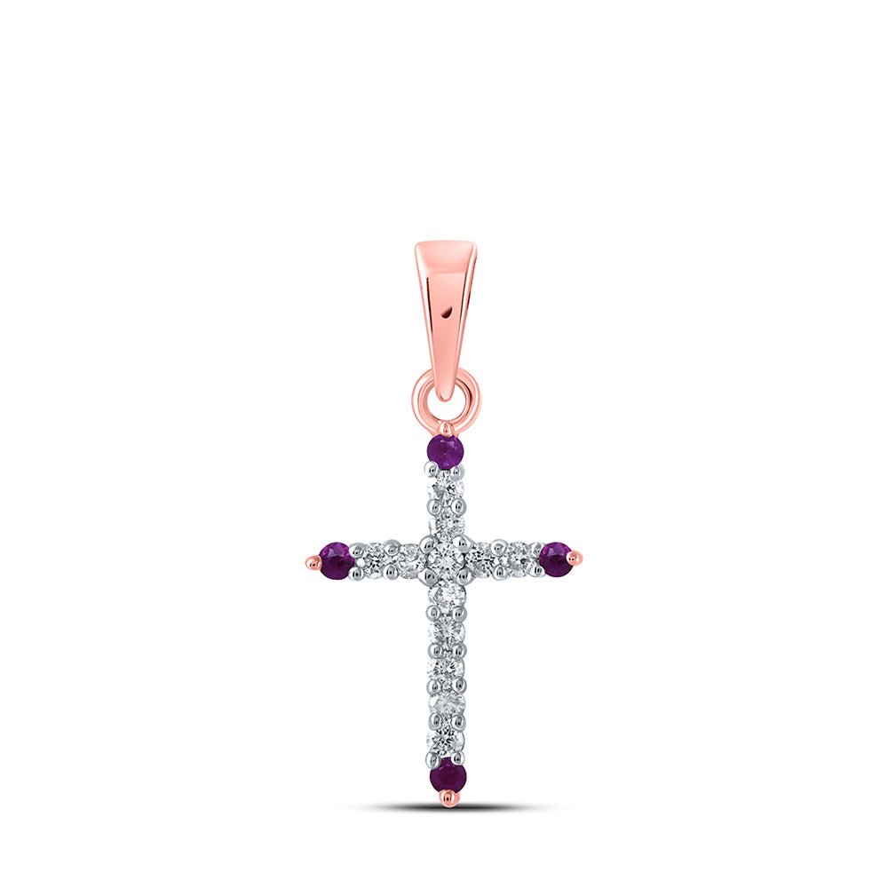 Gemstone Cross Pendant | 10kt Rose Gold Womens Round Ruby Diamond Cross Pendant 1/5 Cttw | Splendid Jewellery GND