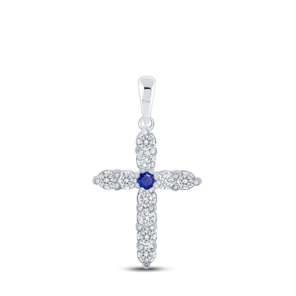 Gemstone Cross Pendant | 10kt White Gold Womens Round Blue Sapphire Diamond Cross Pendant 1 Cttw | Splendid Jewellery GND