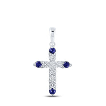 Load image into Gallery viewer, Radiant Blue Sapphire Diamond Cross Pendant | 10kt White Gold Women's 1/2 Cttw | Splendid Jewellery Top view from the 10Kt White Gold Womens Round Blue Sapphire Diamond Cross Pendant 1 2 Cttwpin214104 collection by Splendid Jewellery