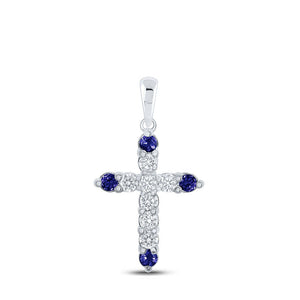 Gemstone Cross Pendant | 10kt White Gold Womens Round Blue Sapphire Diamond Cross Pendant 1/2 Cttw | Splendid Jewellery GND