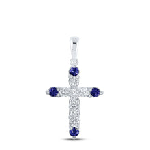 Load image into Gallery viewer, 10kt White Gold Gemstone Cross Pendant with Blue Sapphire and Diamond Accents - A Captivating Symbol of Faith and Love Top view from the 10Kt White Gold Womens Round Blue Sapphire Diamond Cross Pendant 1 4 Cttwpin218996 collection by Splendid Jewellery