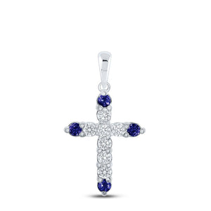Gemstone Cross Pendant | 10kt White Gold Womens Round Blue Sapphire Diamond Cross Pendant 1/4 Cttw | Splendid Jewellery GND