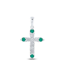 Load image into Gallery viewer, Emerald Brilliance: 10kt White Gold Gemstone Cross Pendant Top view from the 10Kt White Gold Womens Round Emerald Diamond Cross Pendant 3 8 Cttwpin218715 collection by Splendid Jewellery