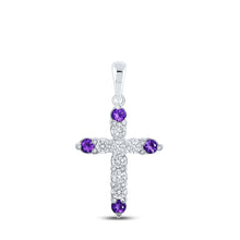 Load image into Gallery viewer, Regal Amethyst Diamond Cross Pendant Top view from the 10Kt White Gold Womens Round Lab Created Amethyst Diamond Cross Pendant 1 Cttwpin214120 collection by Splendid Jewellery