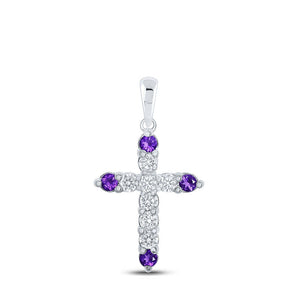 Gemstone Cross Pendant | 10kt White Gold Womens Round Lab-Created Amethyst Diamond Cross Pendant 1 Cttw | Splendid Jewellery GND