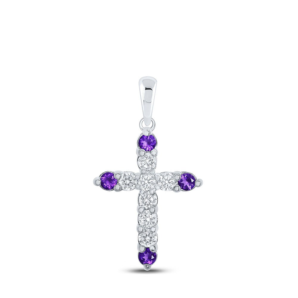 Gemstone Cross Pendant | 10kt White Gold Womens Round Lab-Created Amethyst Diamond Cross Pendant 1 Cttw | Splendid Jewellery GND