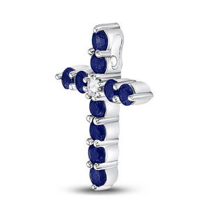 Gemstone Cross Pendant | 10kt White Gold Womens Round Lab-Created Blue Sapphire Cross Pendant 7/8 Cttw | Splendid Jewellery GND